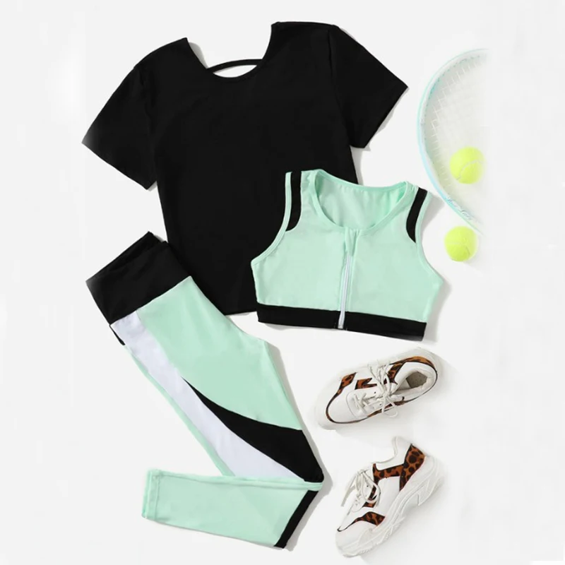 Custom 3 Pieces Gym Fitness Sets Women Sports Bra Running Leggings Sports T-shirt Fashion Sportswear