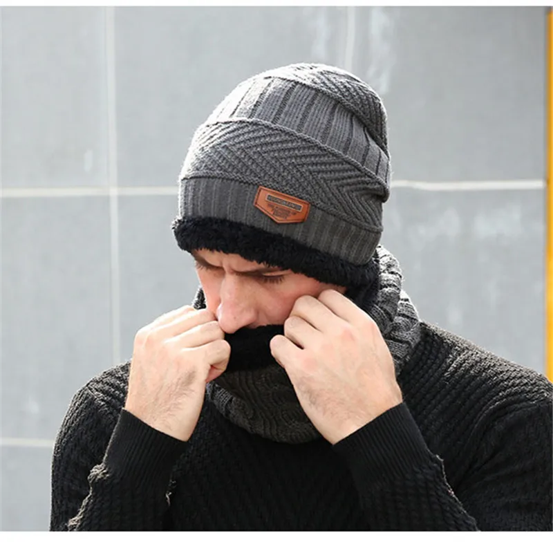 Зимние шапки для мужчин вязаная шапка шарф на осень и зиму плотная теплая шерстяная облегающие женщин вязаные