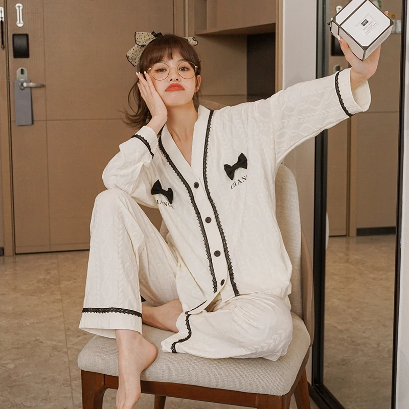 Supplier jersey Printed Leisure cotton Long sleeve Sleepwear set women daily lovely cartoon Cardigan Pajamas suit