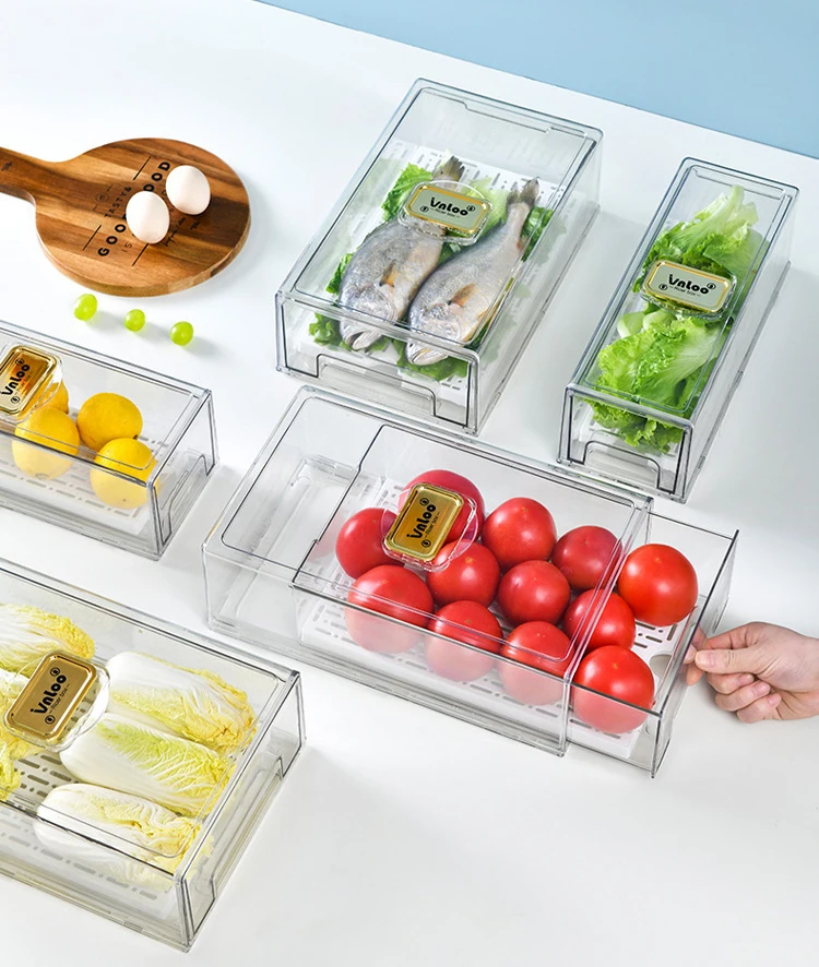 Wholesale Pull Out Fridge Vegetable Fruit Seafood Egg Organizer Drawers Clear Refrigerator Storage Box Bins with Draining Tray