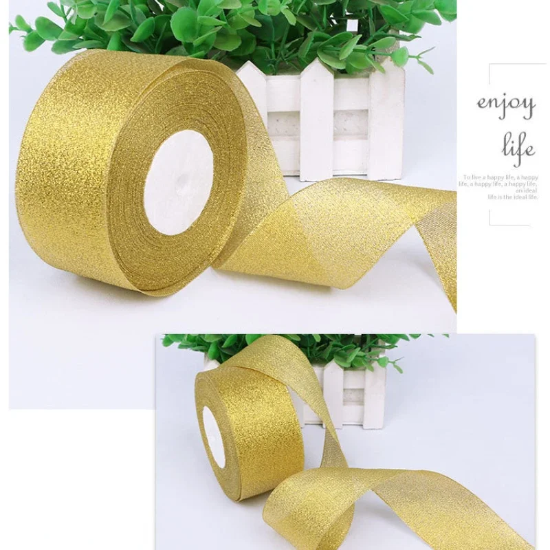 1.2cm 25 Yards/Roll Gold/Silver Glitter Organza Ribbon Width DIY Handicraft Accessories Tapes Wedding Cake Gift Decoration