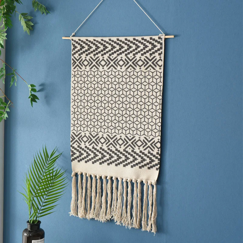 Woven Macrame Wall Hanging Boho Tapestry Home Nursery Wall Decor Retro Tassels Tapestry Geometric Pattern