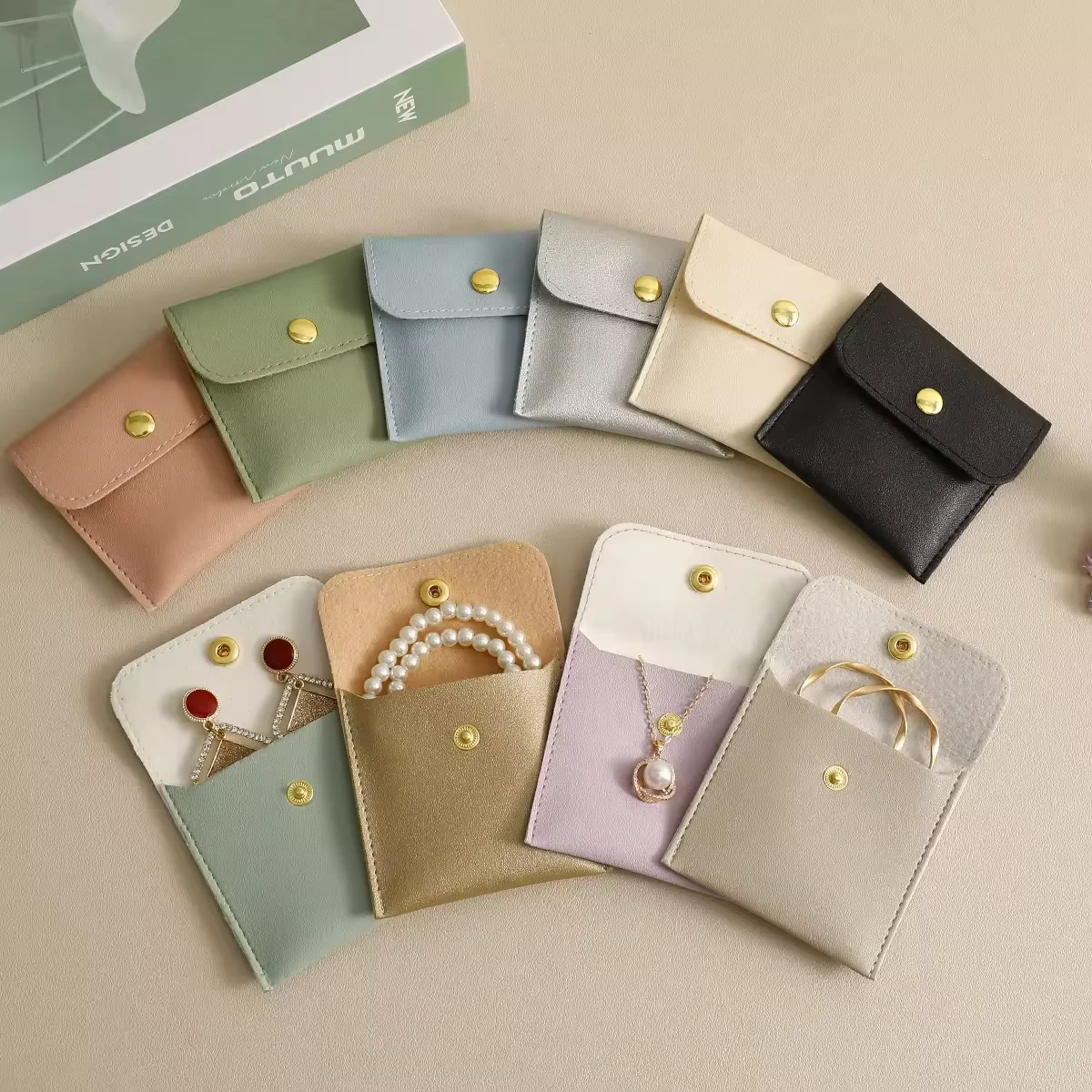 no logo Gift PU Bag PU Leather Jewelry Pouch Bag Necklace Ring Bracelet Packaging PU leather button Pouch
