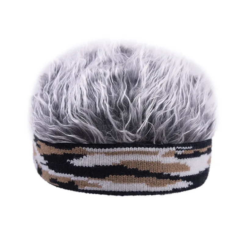 Men Hip Hop Adjustable Streetwear Beanie Hat With Spiked Fake Hair Funny Retro Short Wig Landlord Cap