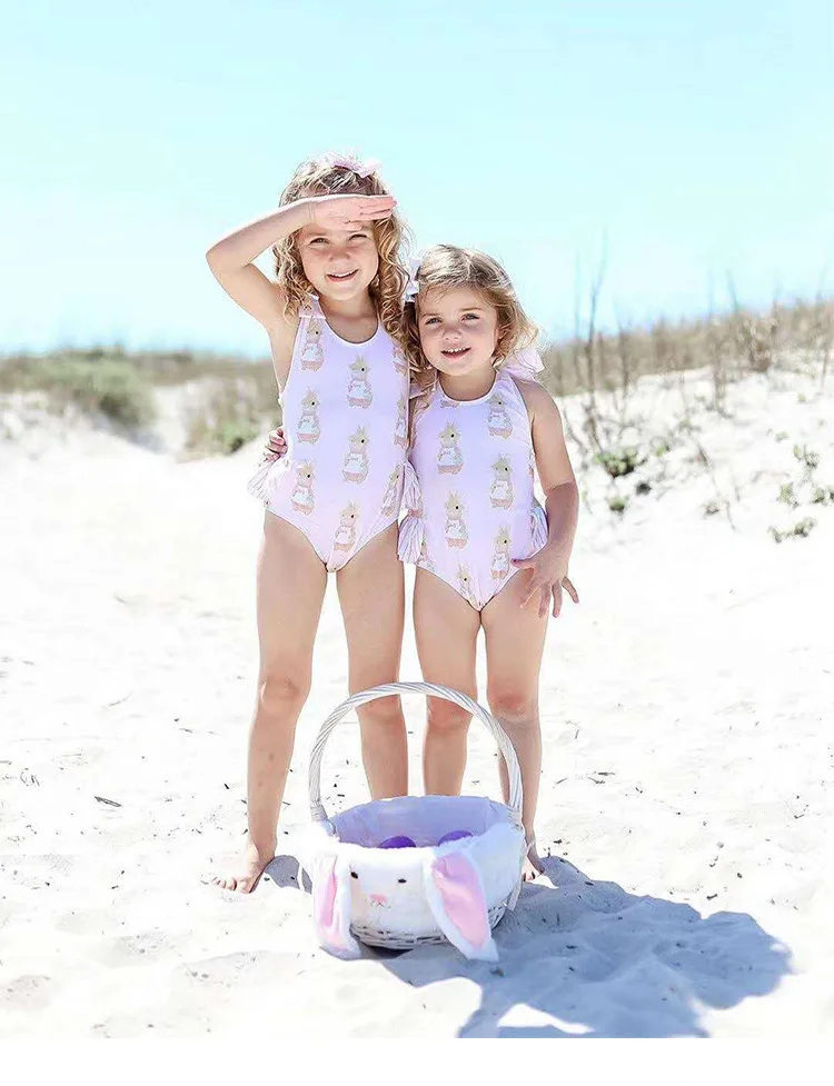 new retro little girls knitted fabrics One Piece Kids Customized Pattern Wave Edge Back Swimsuit soft spandex fabric beachwear