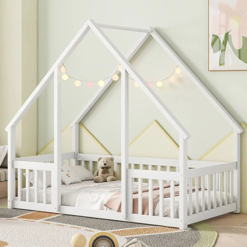 Bedroom Baby Bed House Shape Montessori Toddler Bed Natural Pine Wood Kids Bed Frame with Fun Door Safe Play Sleep Space for
