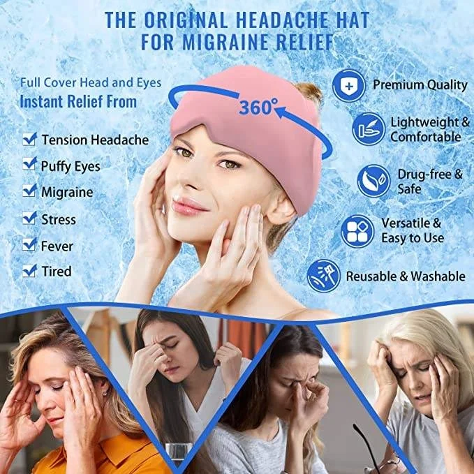 Migraine Ice Head Wrap, Headache Relief Hat for Tension Puffy Eyes Migraine Relief Hat Cap for Stress Relief Cold Compress
