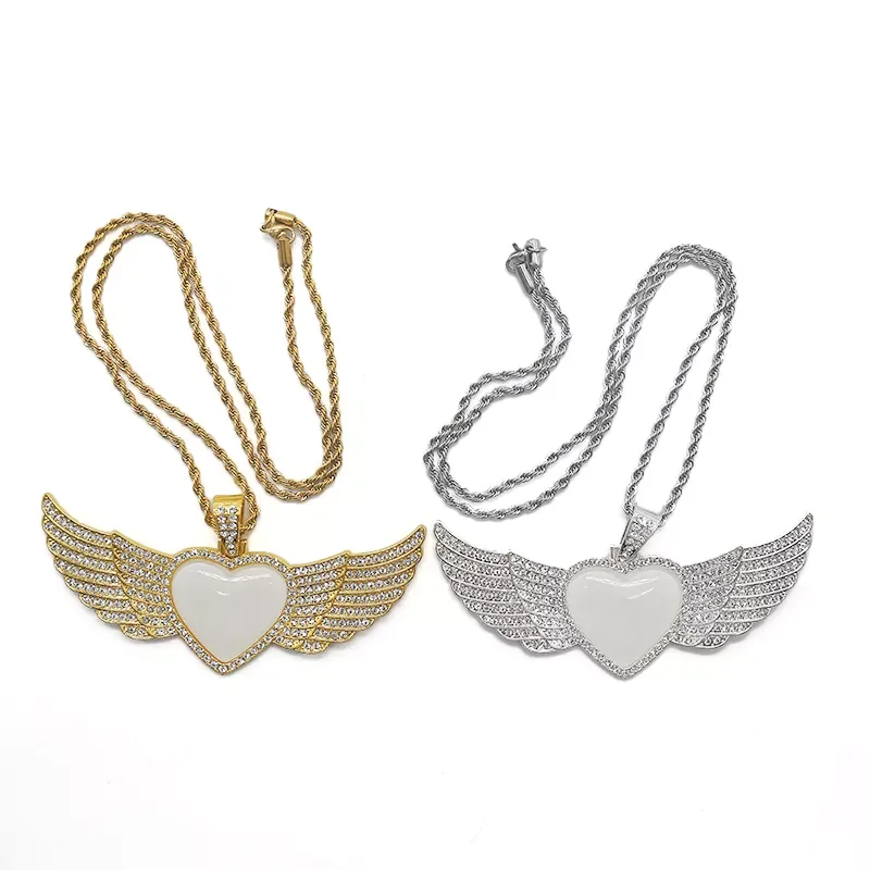 Custom Jewellery Photo Diy 2022 New Heart Angel Wing Hip Hop Jewelry Pendant Necklace Sublimation Wing Necklace Blanks
