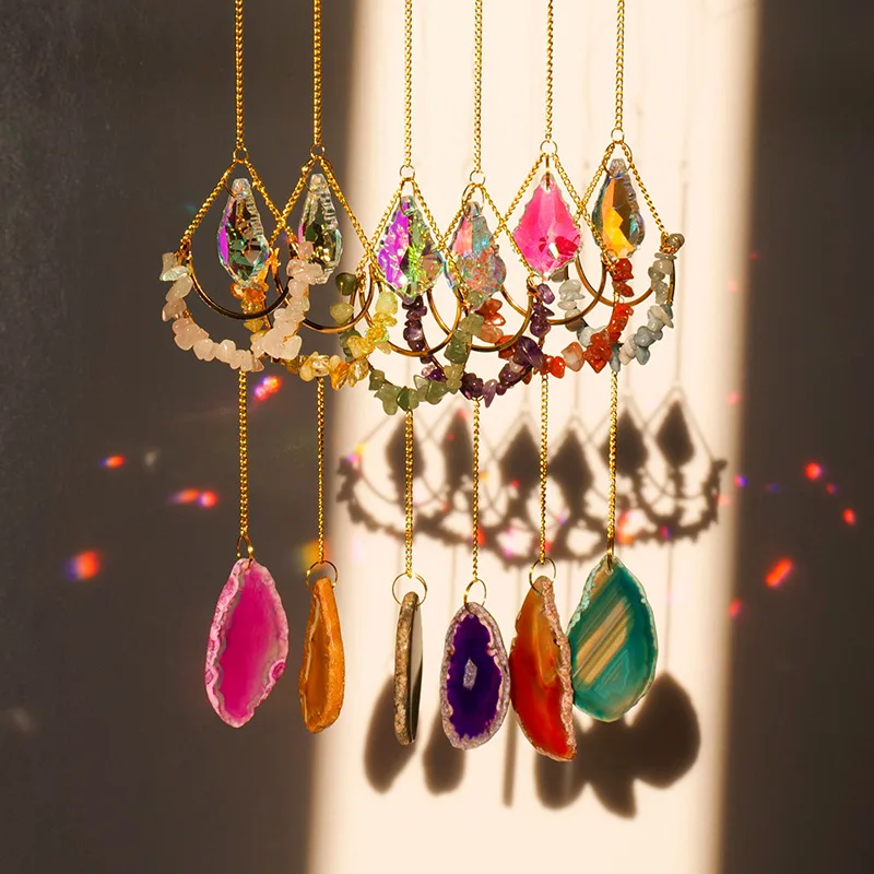 Stone Crystal Glass Rainbow Maker Wind Chime Agate Sun Catcher Prism Hanging Home Decor Garden Ornaments