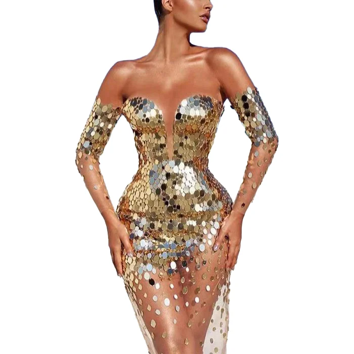 Sparkly Gold Mirror Dress Singer Stage Show Host One-shoulder Annual Meeting Evening Dress Spring Elegant Dresses