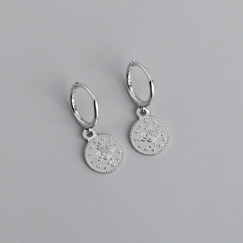 Fashion Korean Earrings Women 925 Sterling Silver Coin Shape Flower Star Hoop Earrings 18K Gold Plated Drop Earrings