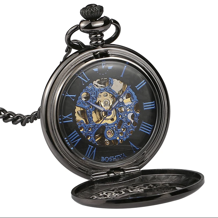 Vintage Gold Black Necklace Steampunk Skeleton Mechanical Fob Pocket Watch Clock Luminous Pendant Hand-winding Men and china