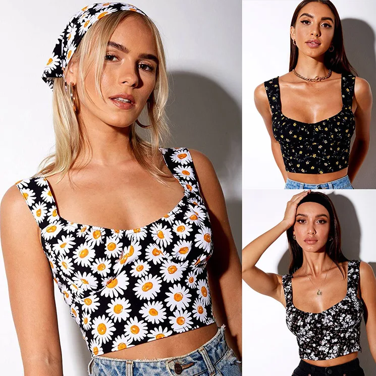 
Square Collar Daisy Flower Print Summer Crop Tops For Women Streetwear Fashion Casual Sleeveless Sexy Camisole Female Tank Top 