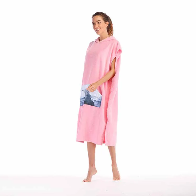 
Women terry cloth poncho hooded beach towel with pocket 