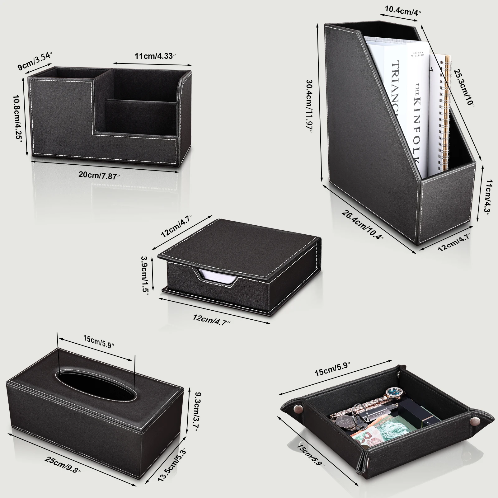 5 PCS Set Pu Leather Magazine Storage Rack Pen Holder Tissue Box Cover Tray Desk Organizer File Holder Accessories Desktop Set