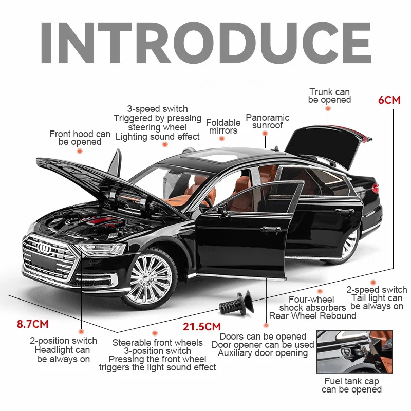 A8 Style 1:24 Scale Metal Model Car Toys Pull Back Car Toy Open Doors Die Cast Vehicle for Kids Boys