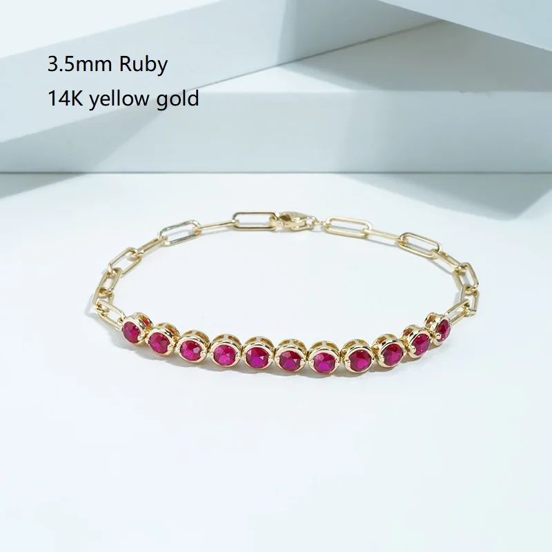14k Solid Gold Wholesale  Round Shape Lab Grown Gemstone Luxury Engagement Jewelry Emerald Ruby Alexandrite Bracelet