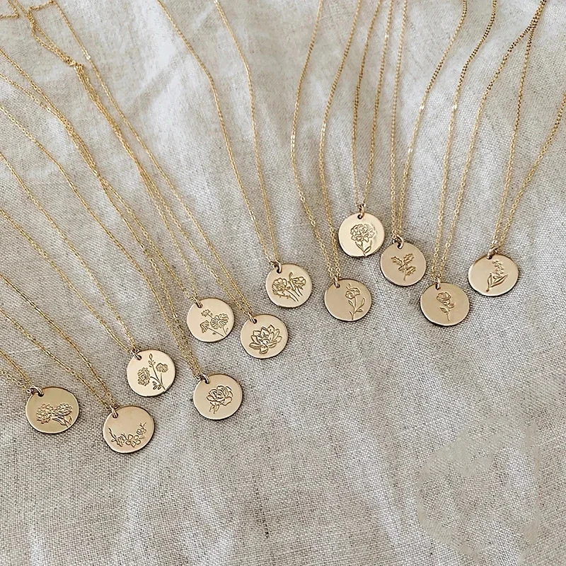 Personalized Engraved Wildflower 12 Month Birth Sign Pendant Customized Dainty Gold Birth Flower Necklace Women Birthday Gift