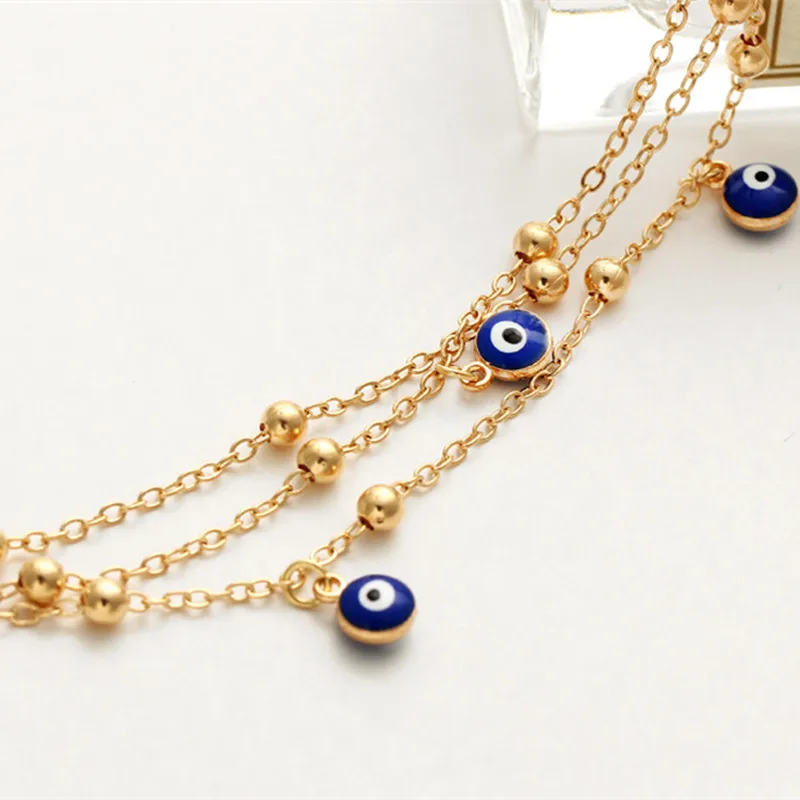 Fashion 2021 Wholesale Three Layer Chain Blue Eye Bead Anklet Turkey Evil Eyes Anklet for Women