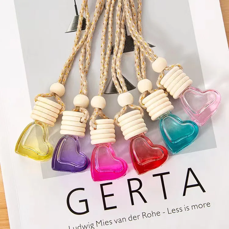 Custom 6ml Heart Shaped Glass Air Freshener Diffuser Empty Hanging Car Perfume Bottles with Wooden Lid