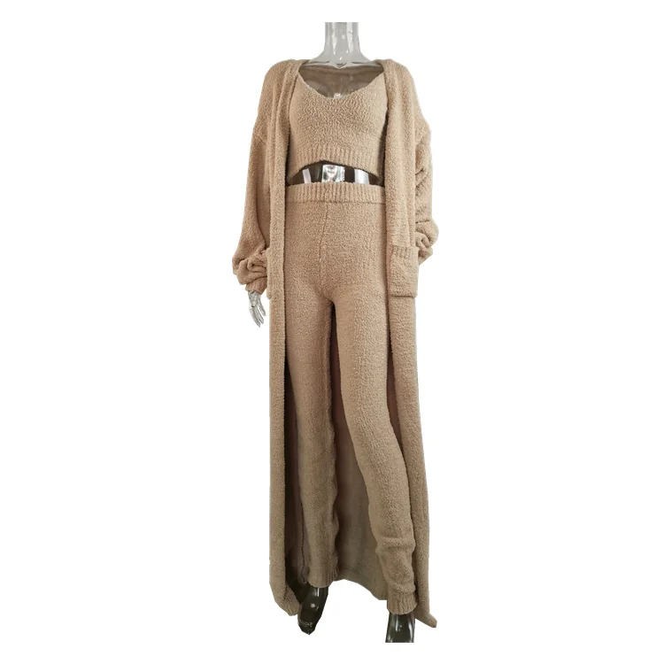 Overlong 152cm Sweater cardigan Robe Knitted Long Pants Crop Tops  High Quality 3 pieces  set women knitted sweater suits