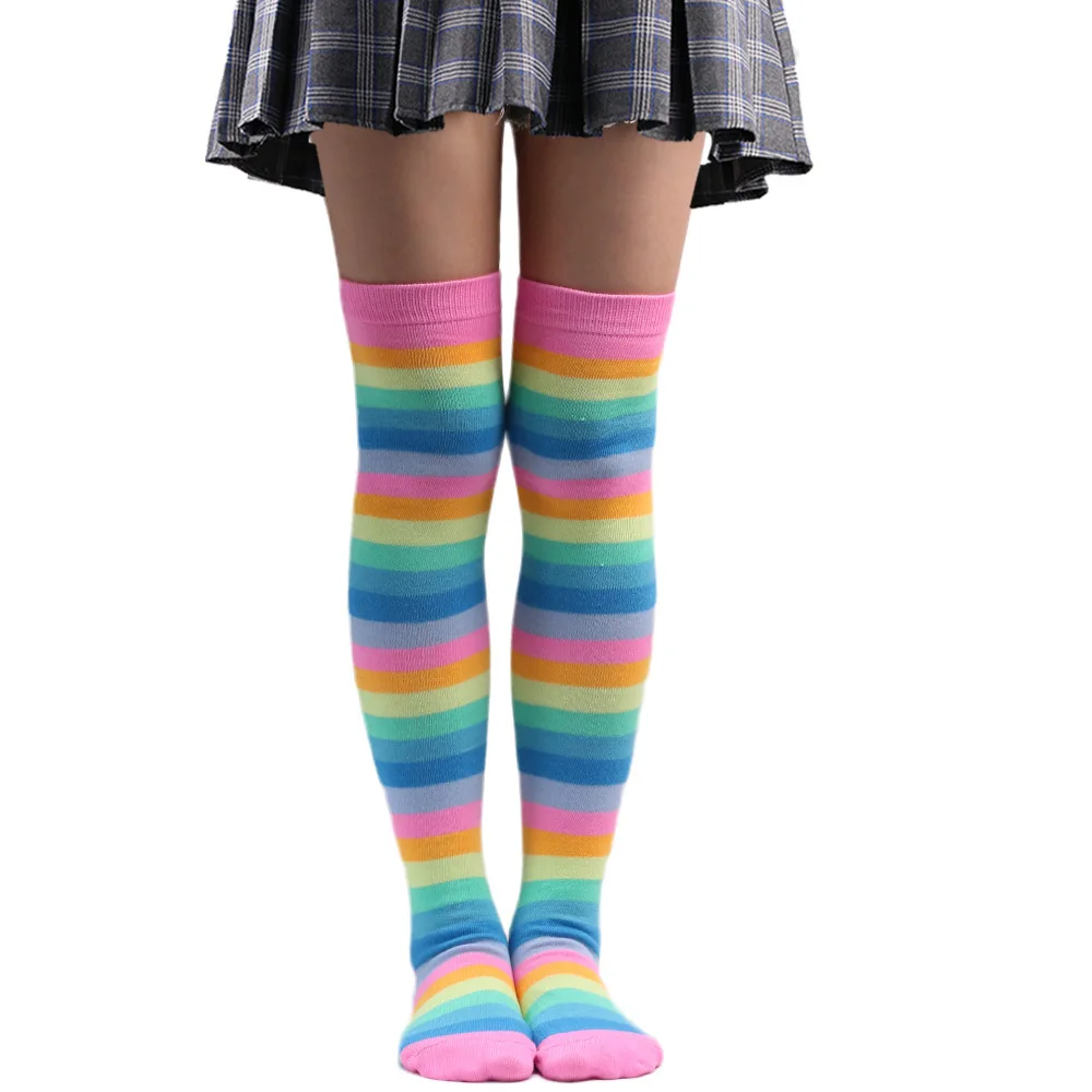 Wholesale Thigh High Over The Knee Knitted Rainbow Stripes Socks For Woman