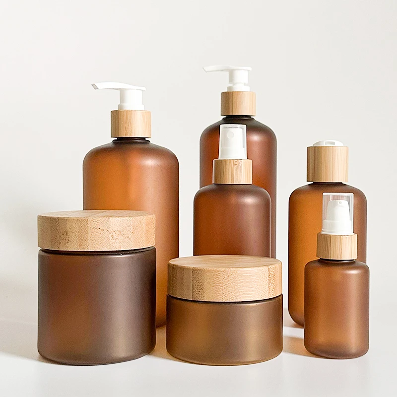 60ml 120ml 250ml 500ml Amber frosted plastic pet pump lotion bottle with bamboo lid for shampoo and conditioner