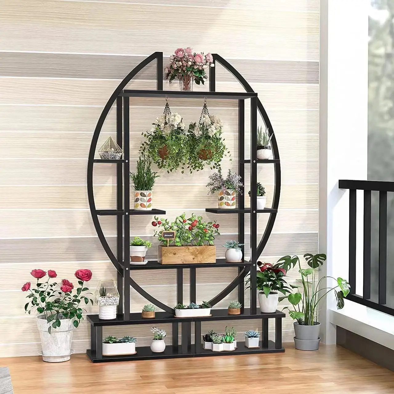Round flower shelf living room modern floor-standing indoor balcony multi-layer craft storage rack half-moon flower pot rack