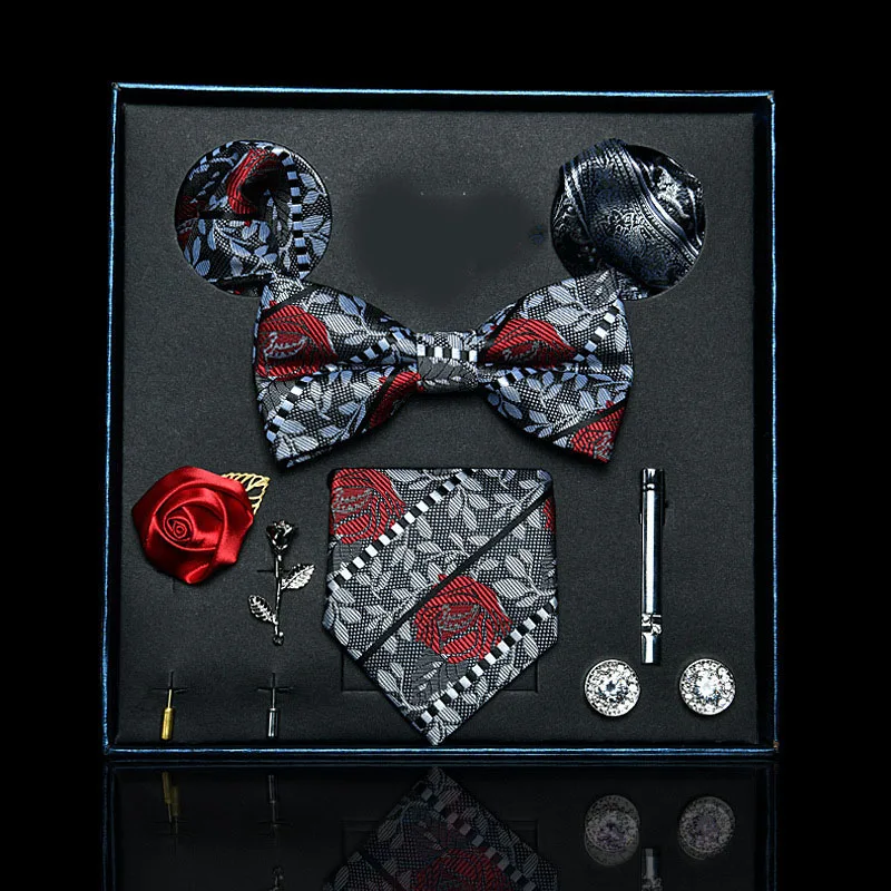 Genya Business Formal Party Bow Tie Set Multi-style Bow Tie Pocket Square Cufflinks Suit Gift Box