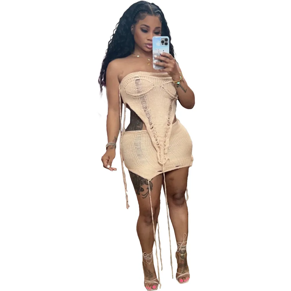 New Trendy Sexy Sleeveless Strapless Irregularity Top Mini Skirt Beach Wear Crochet 2 Piece Set Women Knitted