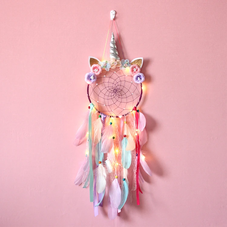 Единорог, мечта, единорог, Ловцы снов со светодиодом, красочное перо ручной работы для детей, Детский декор для девочек, настенное украшение, подарок благословение