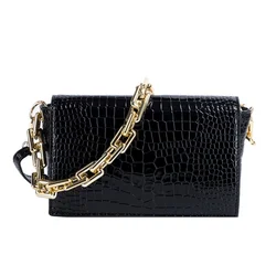 High Quality Solid PU Leather Lady Small Purse Cross Thick Strap Chain Bags Women Embossed Crocodile Handbag