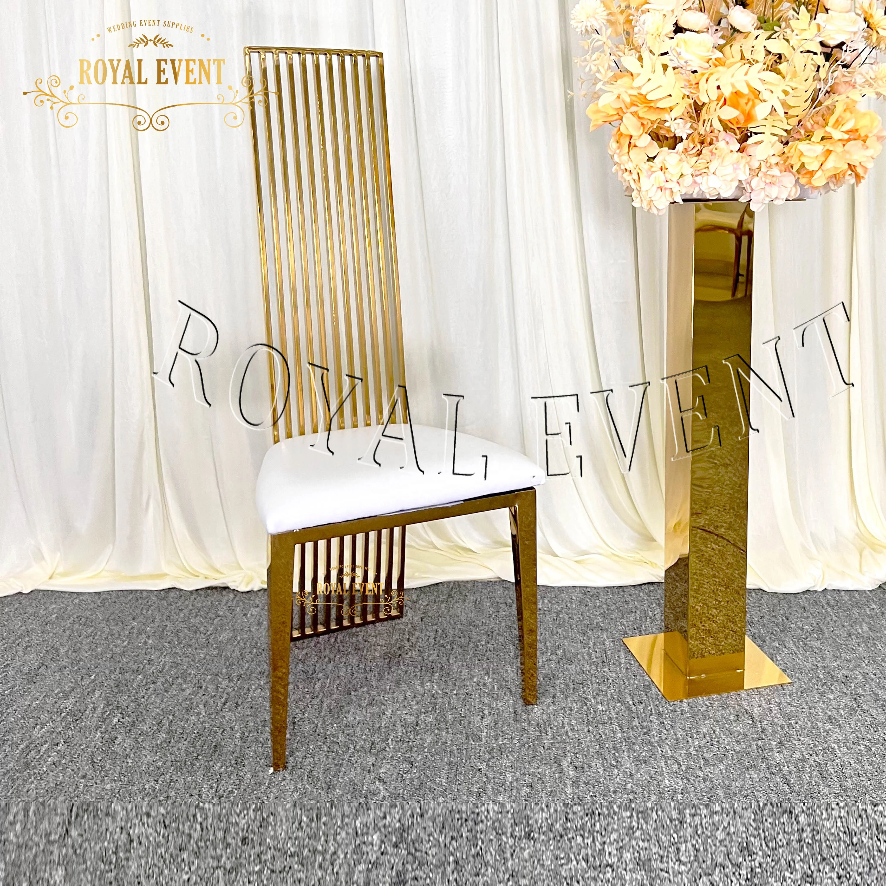 Hot Selling Golden Stainless Steel Hotel Chair High Back Wedding Reception Chair Dining Throne Chair For Sale