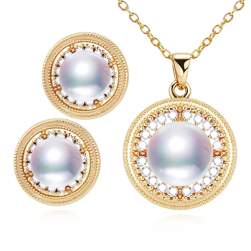 18K Gold Plated Chain Natural Real Genuine Freshwater Pearl Bridal Jewelry Set Zircon Pearl necklace earrings set