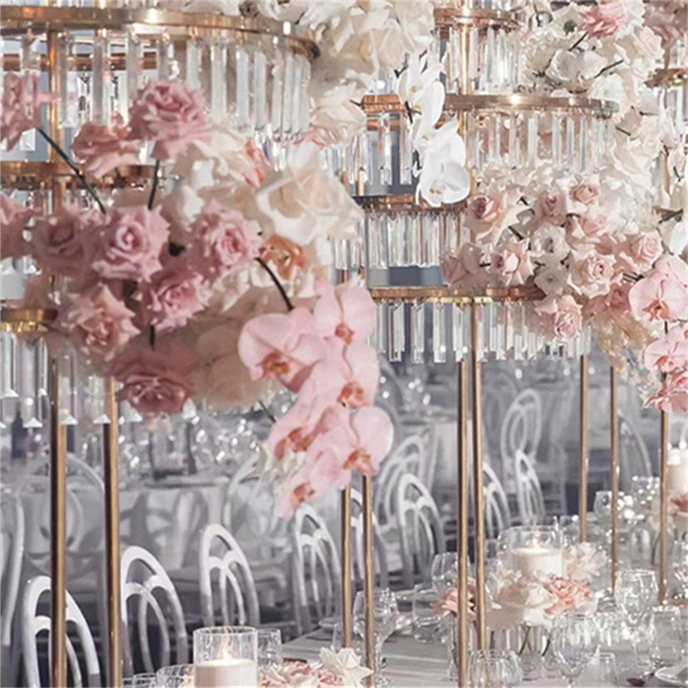 Luxury Metal Crystal Acrylic Pendant Event Party Decor Props Tall Gold  Flower Stand Backdrop Stand Candelabra