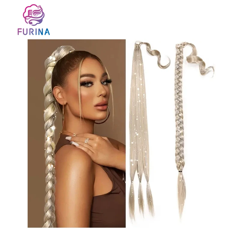 Furina synthetic braided premium heat resistant 30 inch 34 inch tinsel hair ponytail with rubber band hair ring for women