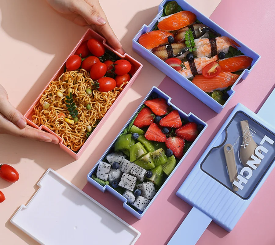 1.2L Stackable Plastic Lunch Box with Side Lock Lid and Spoon, Dual Tiers Double Layers Bento Container