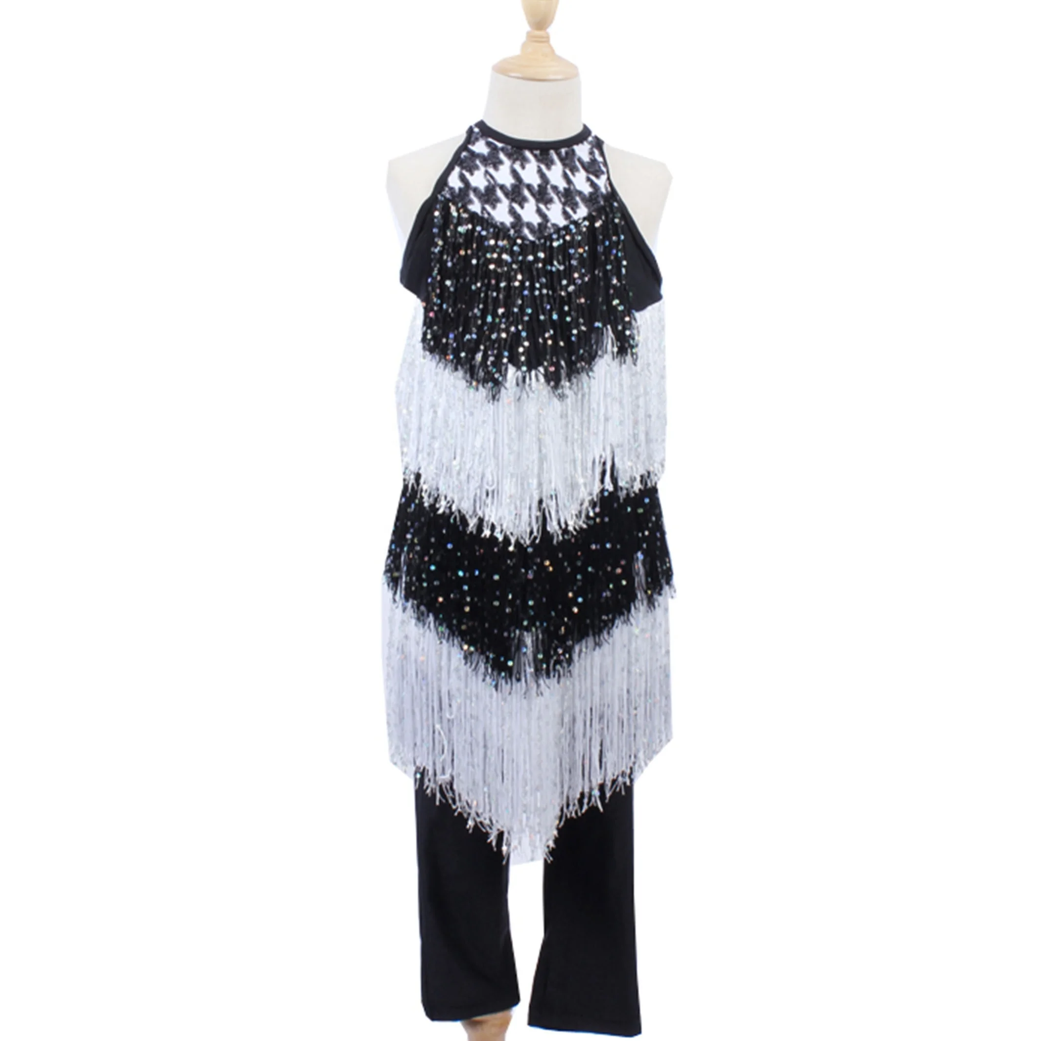black white sequin jazz dance wear tassel girl dance leotard shiny two piece stage performance dance costume