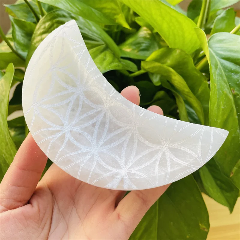 Natural Healing Gemstone Creative Flower Of Life Crystal Crafts Moon Shape Selenite Bowl  For Sale