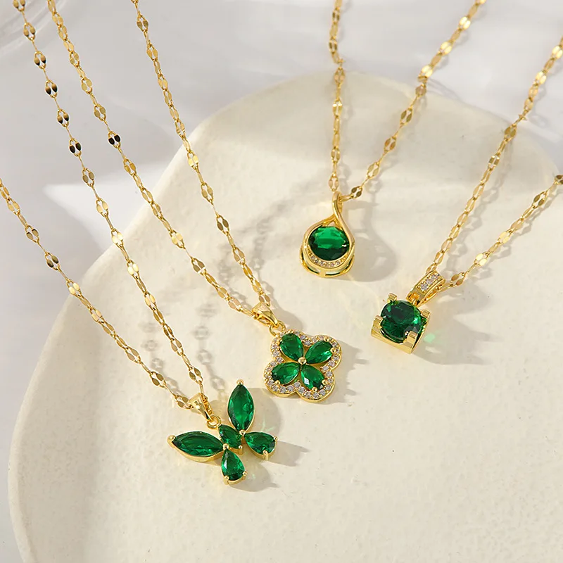 Fashion Diamond Pendant Titanium Steel Butterfly Necklace Female Light Luxury Emerald Collarbone Chain