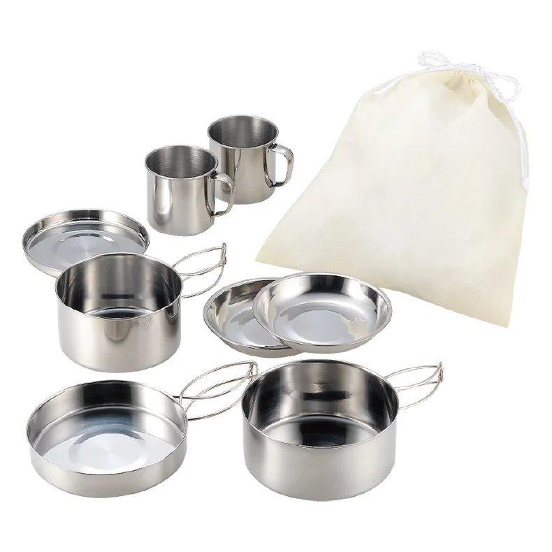 Excellent Quality Silver Food Grade 304 Stainless Steel Camping Cookware Mess Kit Camping Cooking Set