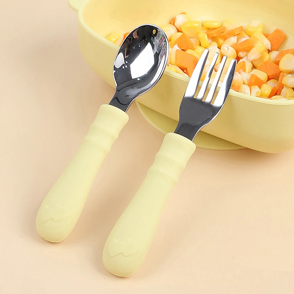 ES-Pro Custom Factory Food Grade Tableware Super Soft 304 Stainless Steel Baby Spoon and Fork Set with Silicone for Feeding