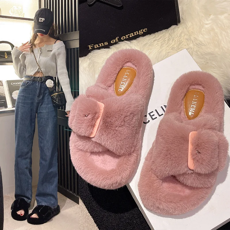 Wholesale Comfortable Winter Warm Slides Shoes Premium Sheepskin Home Ladies Fashion Fluffy Faux Fur Slippers For Women