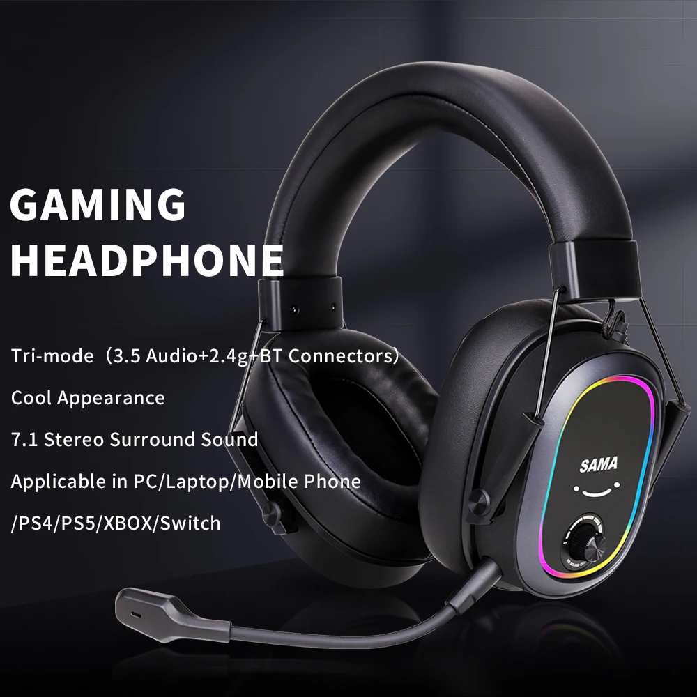SAMA High Quality 7.1 Channel Surround Sound Gaming Headset Wireless Headphones Mic RGB USB Gamer Headset Gaming Headphone