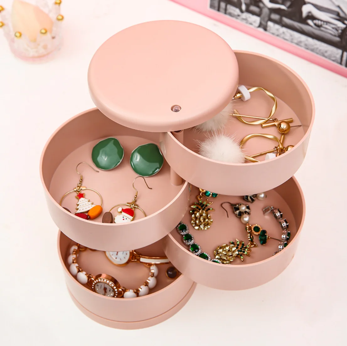 4 слоя кольца серьги ящик для хранения ювелирных изделий Чехол Держатель Ожерелье Браслет Дисплей лоток 360 крутящаяся витрина для ювелирных украшений, шкатулка башня