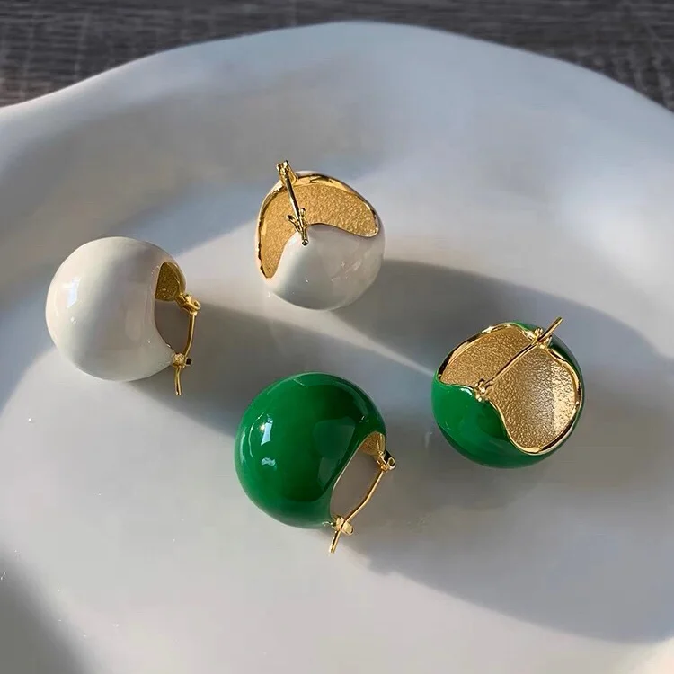 peichi INS fashion brass18k gold plated BV green enamel dangle ball earrings enamel jewelry for modern ladies