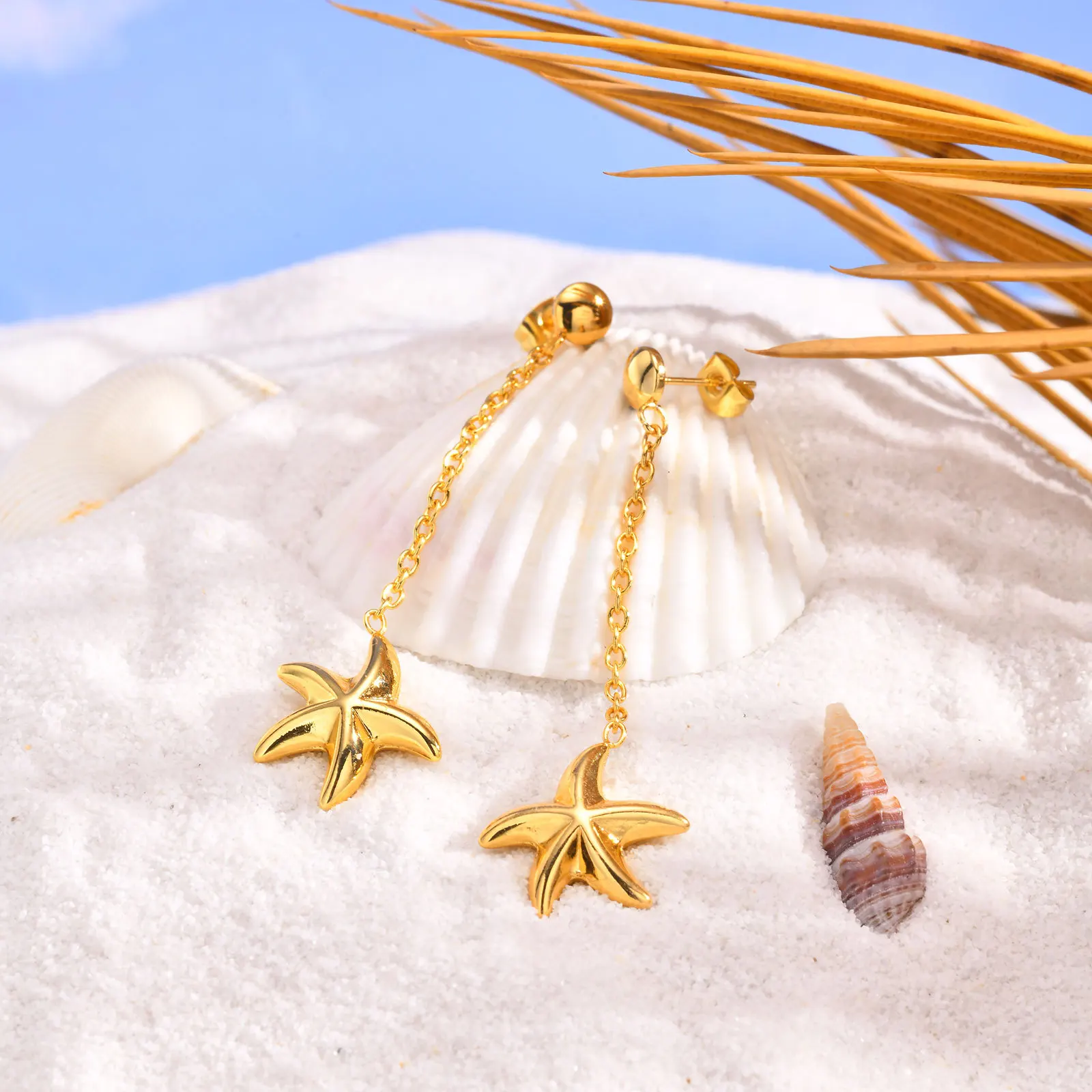 New Trend Fashion Summer Beach Jewelry Waterproof Women PVD Gold Stainless Steel Starfish Dangle Earrings