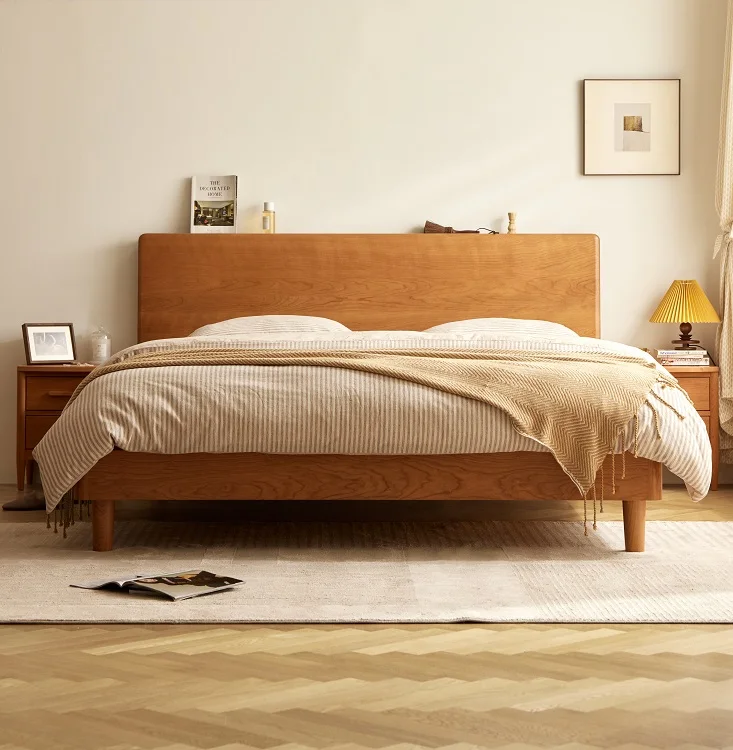 L9012 Cherry Solid Wood Simple Queen Bed Nordic Style cherry wood Double King Bed  with USB Interface