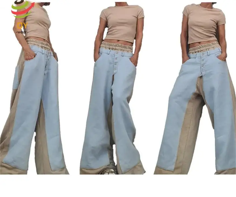 QY2511 2024 New Design Patchwork 2 In 1 Casual Trousers High Waist Straight Pants Multicolor Loose Wide Leg Pants