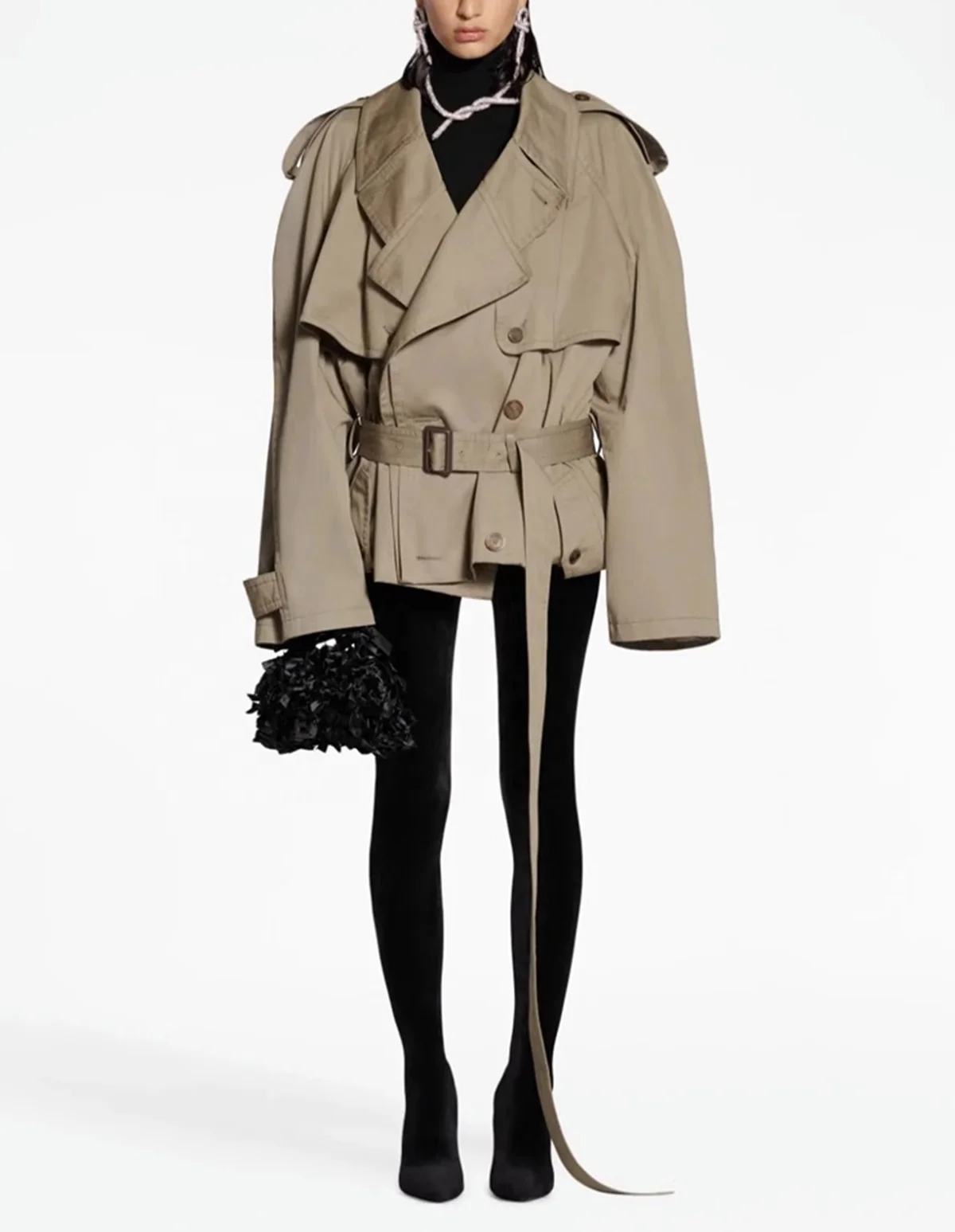 OUDINA 2023 French Cropped Trench Coat Women Cargo Oversized Double Breasted Waisted Windbreaker Jacket